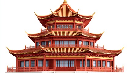 Obraz premium A festive pagoda clipart, Chinese architecture element, vectorstyle illustration, detailed red and gold design, isolated on white background