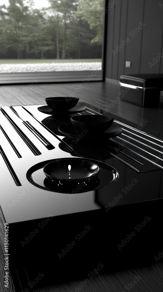 Poster a matte black coffee table with sleek lines and chrome details creates a calming atmosphere in a wel