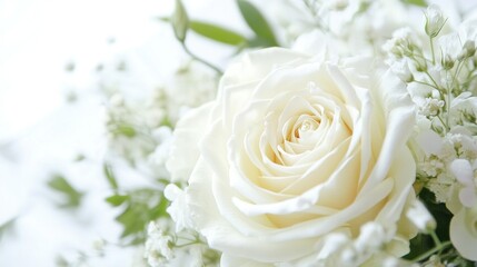 Elegant Close-Up of White Rose Bouquet and Wildflowers on White Background. Floral Background for Weddings, Celebrations and Romantic Occasions