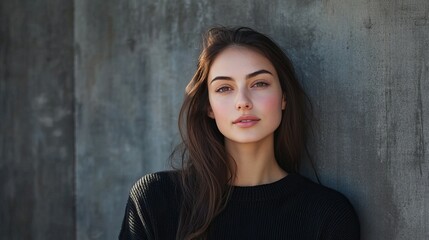 Fototapeta premium Elegant Female Portrait in Simple Black Sweater with Natural Lighting and Neutral Tones. Modern Minimalist Fashion