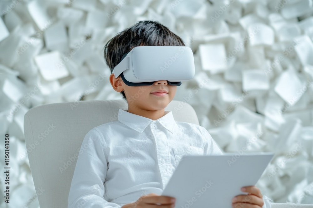 Poster A young artist creating a digital masterpiece in a virtual reality environment filled with floating 3D canvases