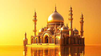 Naklejka premium Golden mosque with minarets and domes shimmering on the water under a sunset sky, capturing the essence of ramadan
