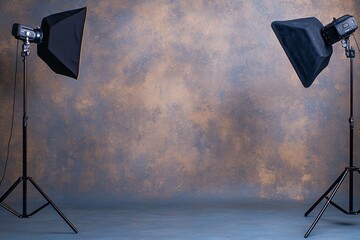 Empty Photography Studio Setup with Softbox Lighting and Backdrops