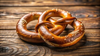 A freshly baked pretzel with a glossy sheen and sprinkled with salt, resting on a rustic wooden surface.