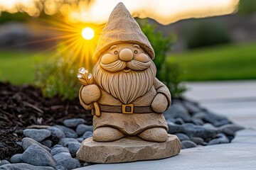 An ultra-detailed gnome garden at sunrise, with lifelike textures on the gnome statues and intricate details on dewdrops sparkling on flowers