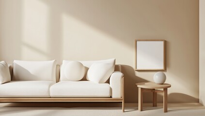 A minimalist living room with soft beige walls, a white sof and light wood furniture