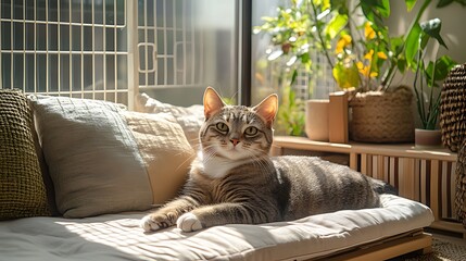 Relaxed tabby cat lounging on a sunlit window seat amidst pillows and plants.