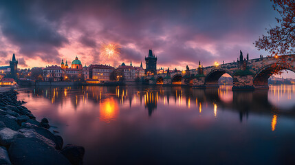 Obraz premium A vivid fireworks display above Pragues Charles Bridge casting colorful reflections on the Vltava River.