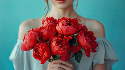 Graceful woman holding a charming bouquet of vibrant red peony flowers. Aesthetic minimalist style, natural tone, soft and pastel colors. Elegance, beauty and fashion ... 
