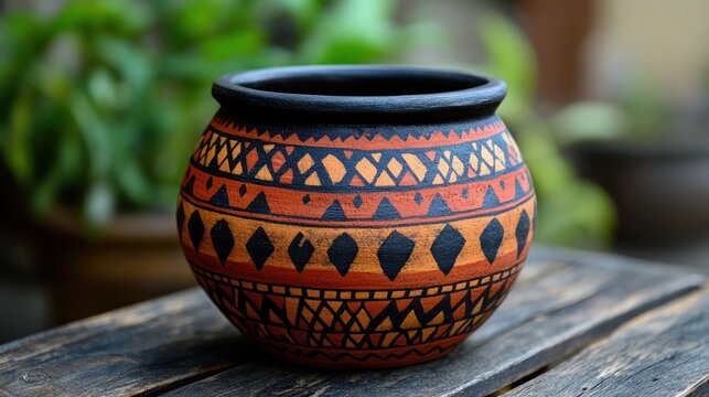 Hand-painted terracotta pot with intricate tribal patterns.