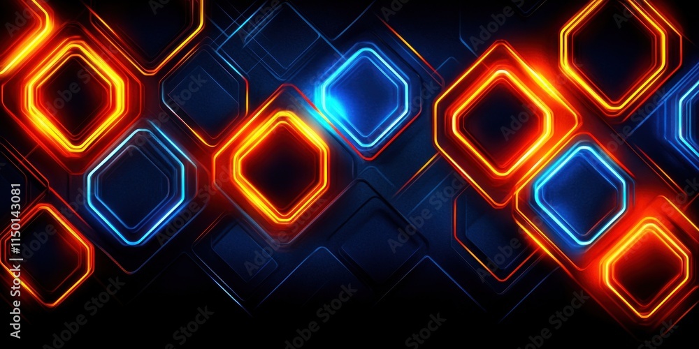 Poster neon geometric shapes scatter on a dark background, creating a mesmerizing contrasting visual effect