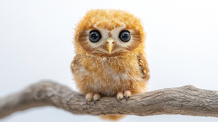 Adorable fluffy owlet perched on a branch against a white background. (1)