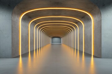 Obraz premium Futuristic Neon Lit Architectural Tunnel with Symmetrical Geometric Patterns