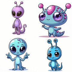 Cute alien characters with vibrant colors and playful expressions in a cartoon style