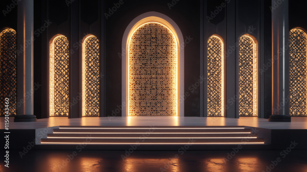 Poster ornate arches with glowing geometric patterns create a captivating backdrop for ramadan celebrations