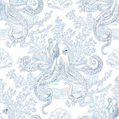 Marine Vector Seamless Pattern Background with Octopuses and Corals, Toile de jouy Vintage Classic Style