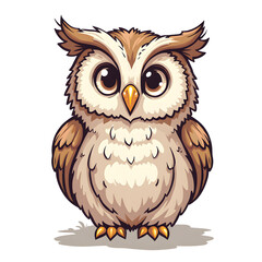 Fototapeta premium Cute cartoon owl with big eyes and fluffy feathers on white background