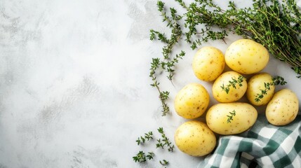 Fresh Raw Potatoes with Green Herbs on Light Gray Surface, Ideal for Cooking and Food Preparation, Natural Ingredient with Rustic Appeal and Healthy Vibes