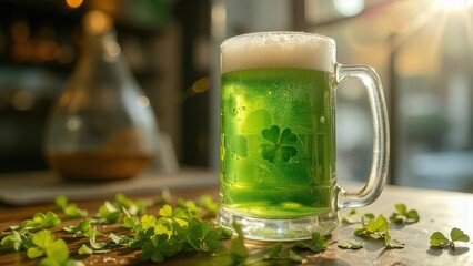 Glass of green beer with shamrocks on wooden table.