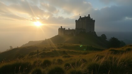 Obraz premium Medieval castle on a misty hill at sunrise.