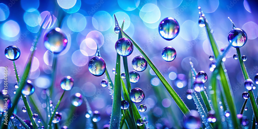 Poster delicate dewdrops reflect a spectrum of colors on blades of grass, creating a mesmerizing display at