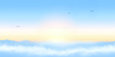 Fototapeta premium Serene Sunrise Misty Mountains Birds in Flight Peaceful Sky