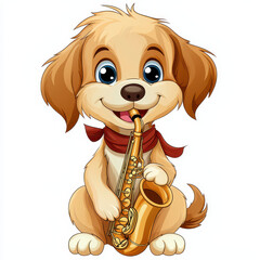 Cute golden retriever puppy playing saxophone, joyful and playful