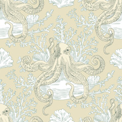 Marine Vector Seamless Pattern Background with Octopuses and Corals, Toile de jouy Vintage Classic Style