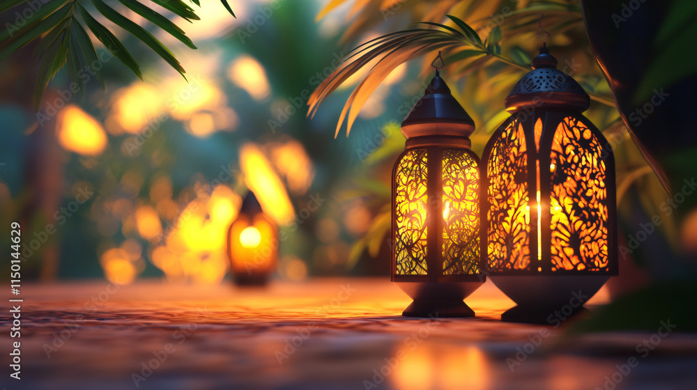 Poster ornate lanterns glowing on a surface at sunset under palm trees, creating a warm, inviting ambiance 