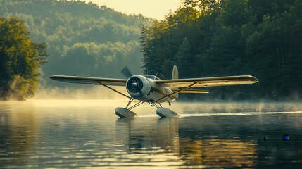 Sunrise Reflection of Vintage Seaplane on Lake