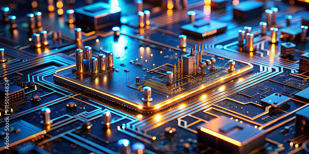 Poster the image features a close-up view of a vibrant circuit board with an advanced microchip at its cent