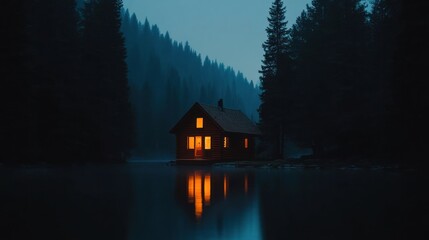 Fototapeta premium Serene Night at the Lakeside Cabin: A Peaceful Escape in the Woods