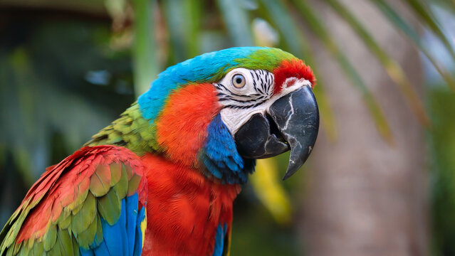 A vivid close-up of a parrot&rsquo;s face, highlighting its keen eyes and vibrant feathers in a mix of blue, green, and red hues.
