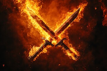 A pair of crossed steel daggers glinting under intense flames