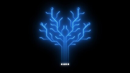 Glowing Outline Tree Animation. Abstract digital dot line particle data background connecting technology concept 3d Circuit Board .