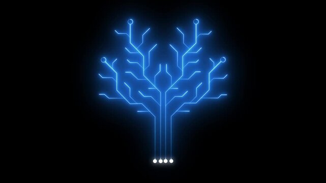 Glowing Outline Tree Animation. Abstract digital dot line particle data background connecting technology concept 3d Circuit Board .