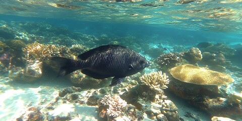 Fototapeta premium Underwater Black Fish Coral Reef Tropical Ocean Scene