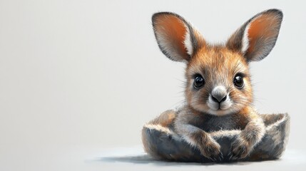 Obraz premium Adorable baby kangaroo joey sitting in a cozy nest, looking directly at the camera with big, expressive eyes.