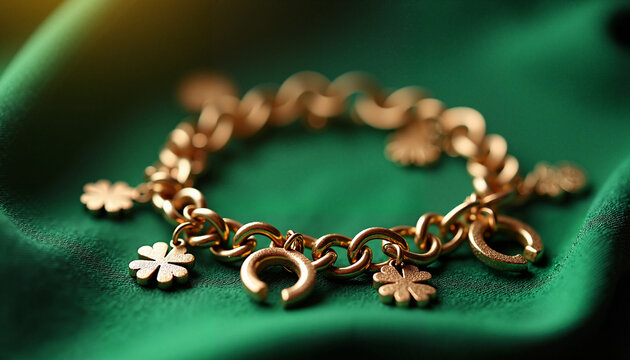 Gold charm bracelet with flower and horseshoe pendants on green fabric, Lucky charms