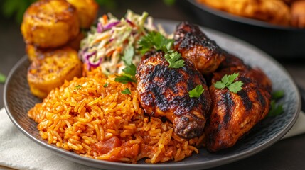 A plate of vibrant jollof rice with grilled chicken, fried plantains, and a side of coleslaw, garnished with fresh parsley	
