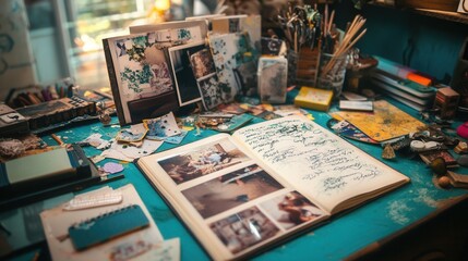 a creative scrapbook filled with photographs, handwritten notes, and decorative stickers, in progress on a crafting table. 