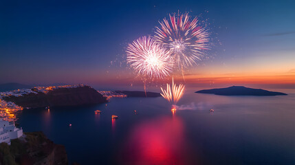 Fireworks exploding over the serene waters of Santorini with colorful reflections dancing on the Aegean Sea.