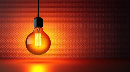 Illuminated vintage lightbulb hanging, casting warm glow on a textured orange background.