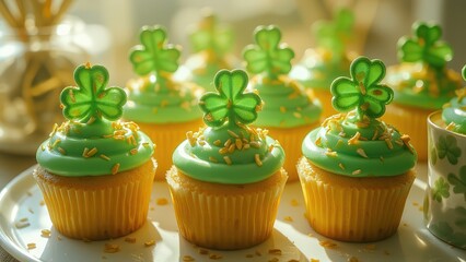 St. Patrick's Day cupcakes with shamrock toppers.