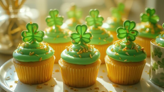 St. Patrick's Day cupcakes with shamrock toppers.