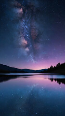 The serene and beautiful night view features a calm lake that reflects the bright colors of the Milky Way galaxy above.