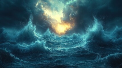 Fototapeta premium Stormy ocean waves, light breaks through.