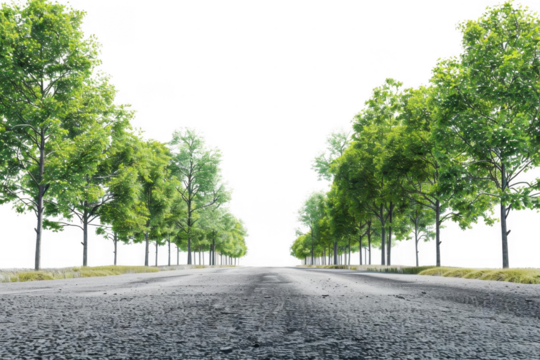 Empty Road Passes Through Lush Green Trees with Grass, Evoking Journey and Solitude Themes.