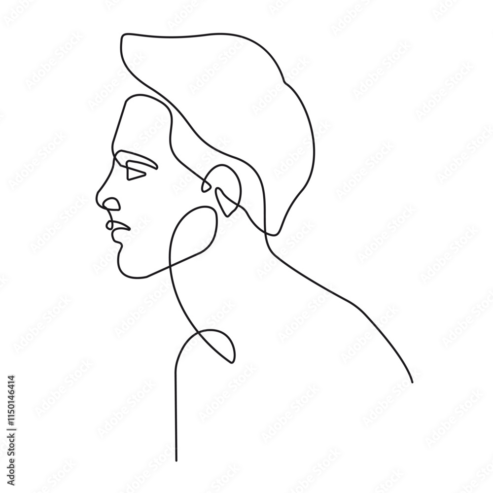 Poster handsome man profile in one continuous single line drawing style. male portrait simple minimalist on