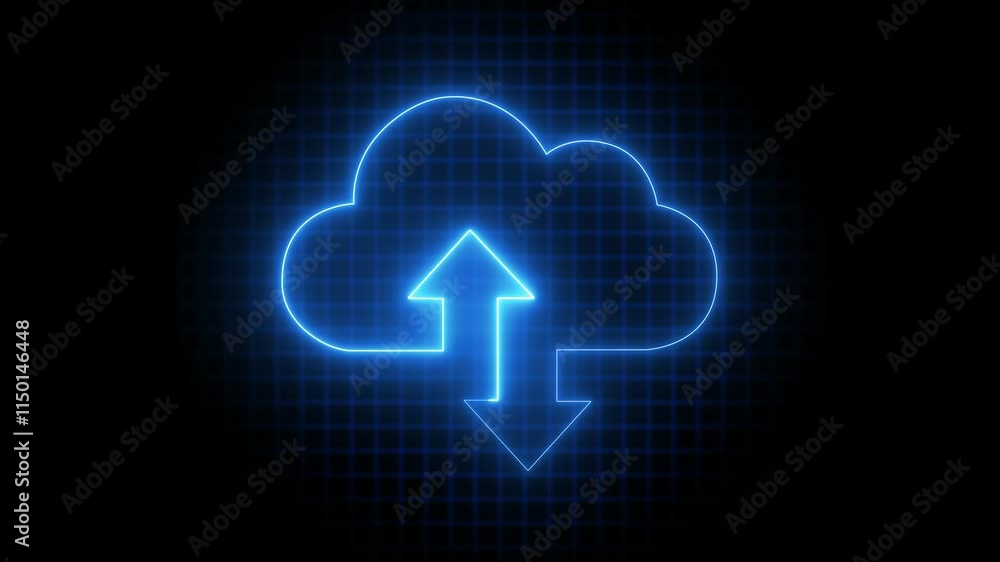 Poster glowing neon cloud storage with arrows, looped animation. cloud space and technology, data backup ic